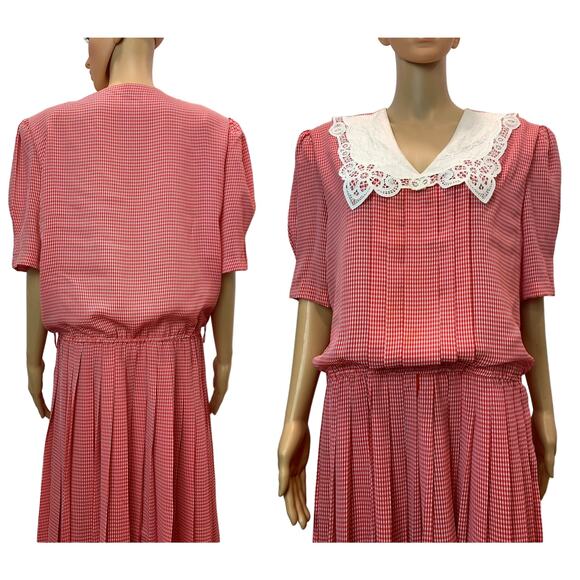 80s 90s Red & White Gingham Midi Dress | Pleated Skirt | Irish Linen Collar - Picture 5 of 10